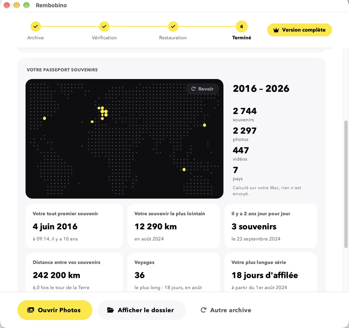 Écran final : le passeport souvenirs, avec la carte, 2 744 souvenirs, le premier souvenir du 4 juin 2016 et le plus lointain à 12 290 km.
