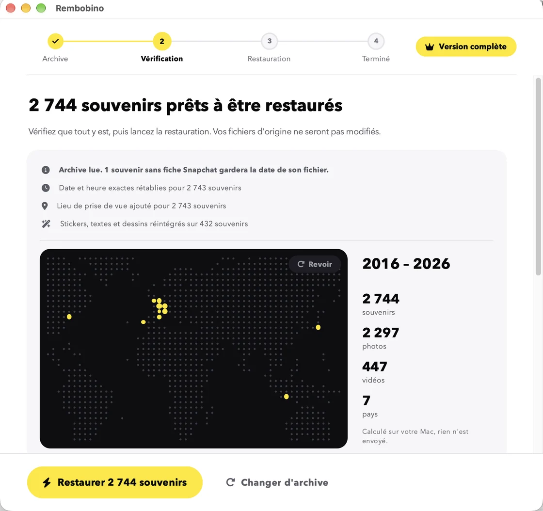 Écran de vérification : carte du monde où apparaissent 2 744 souvenirs de 2016 à 2026, 2 297 photos, 447 vidéos, 7 pays, avec dates, lieux et stickers rétablis.